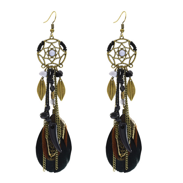 E-3855 Vintage Antique Silve Plated  Fashion Long Tassel Feather Resin Beads Drop Earrings  Fish Hook  Earrings For Women Jewelry
