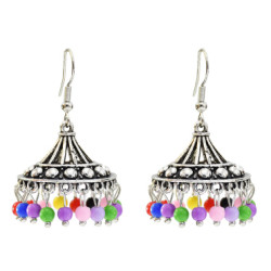 E-5647 Vintage Silver Alloy Colorful Beads Bells Tassel Jhumka Earrings for Women Bohemian Indian Jewelry