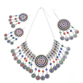 N-7331 Women Bohemia Jewelry Set Rhinestone Coin Tassel Dancing Earrings Necklace Hair Dangle Set