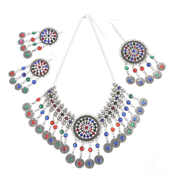 N-7331 Women Bohemia Jewelry Set Rhinestone Coin Tassel Dancing Earrings Necklace Hair Dangle Set