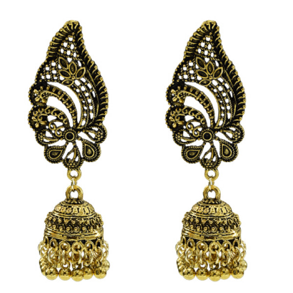 E-5658 Vintage Gold Alloy Jhumka Earrings Carved Flower Women Boho Bells Tassel Earring Indian Jewelry