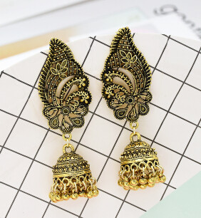 E-5658 Vintage Gold Alloy Jhumka Earrings Carved Flower Women Boho Bells Tassel Earring Indian Jewelry