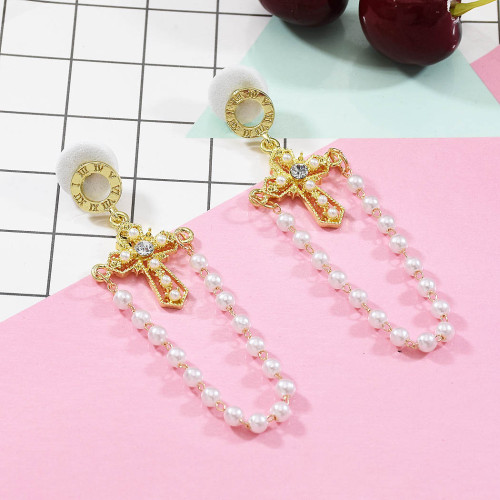 E-5659 Fashion Gold Pearl Rhinestone Cross Pendant Stud Earring For Women Ear Piercing Jewelry
