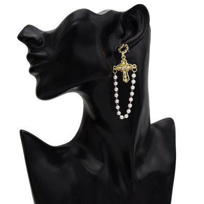 E-5659 Fashion Gold Pearl Rhinestone Cross Pendant Stud Earring For Women Ear Piercing Jewelry
