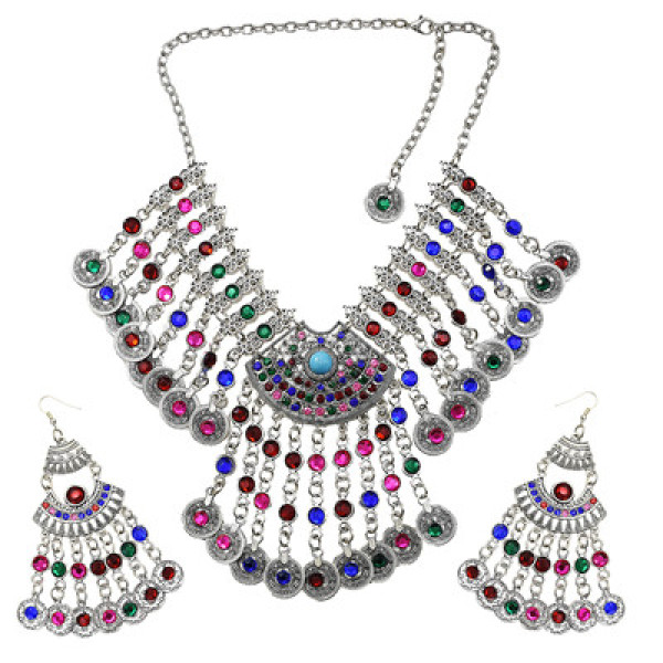 N-7334 Bohemian Jewelry Set Hollow Out Coin Tassel Necklace Earring Set Ethnic Ornament