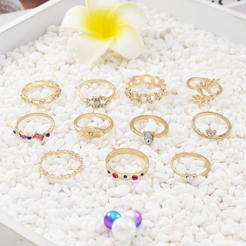 R-1519 3 Styles New Trendy Gold Rhinestone Pearl Ring Set Hollow Carved Ring for Woman Jewelry Gift