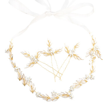 F-0508*1 Set Gold Metal Leaf Shape Headbands Hairpins Pearl Crystal Bridal Headpiece Wedding Hair Accessories