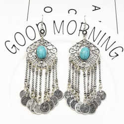 E-5302 European and American national style turquoise hollow tassel earrings Hot explosion models wild alloy earrings