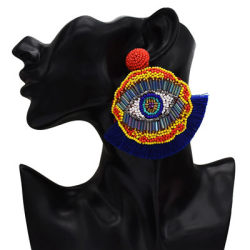 E-5293 Handmade Mizhu Devil Eye Exaggerated Fan-Shaped Tassel Stud Earrings