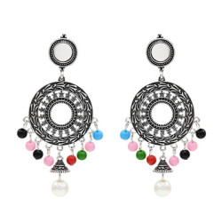 E-5323 Bohemian ethnic retro tassel earrings hollow long carved earrings geometric small lens earrings