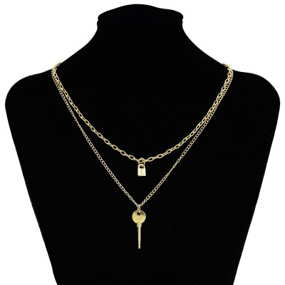 N-7341 Keys and Locks Two Golden Smooth Necklaces Couple Accessories