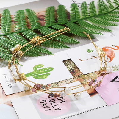 F-0734 Fashion 3pcs/Set Gold Starfish and Shell Style with Pearl Headband Hair Jewelry Accessories
