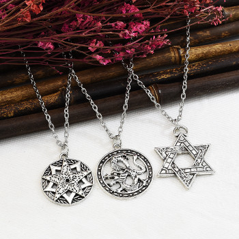 N-7343 Punk student domineering Dragon pentagon necklace men's clavicle chain wild Japan and South Korea jewelry gift long sweater chain
