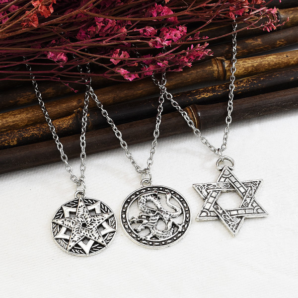 N-7343 Punk student domineering Dragon pentagon necklace men's clavicle chain wild Japan and South Korea jewelry gift long sweater chain
