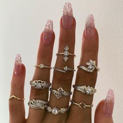 R-1521 2 Styles Boho Fashion Finger Rings Set Hollow Out Heart Snake Shape Rings Fashion Jewelry for Women