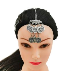 F-0742 Turkish Silver Metal Coin Tassel Charm Forehead chain For Women Bohamian Belly Dance Gypsy India Tribal Bridal Hair Jewelry