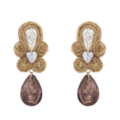 E-5698 Vintage Woven Straw Rope Dark Crystal Pendant Earrings Rhinestone Pattern Jade Earrings