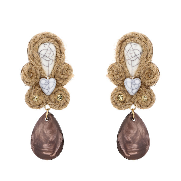 E-5698 Vintage Woven Straw Rope Dark Crystal Pendant Earrings Rhinestone Pattern Jade Earrings