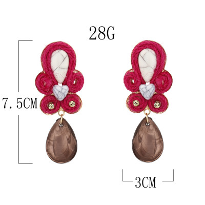 E-5698 Vintage Woven Straw Rope Dark Crystal Pendant Earrings Rhinestone Pattern Jade Earrings