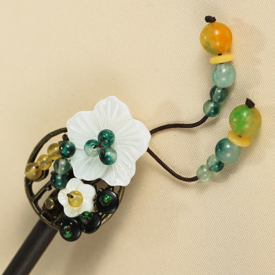 F-0747 Retro 2 Style with Acrylic Flower Beads Rhinestone Wooden Hair Sticks for Women Hair Accessories
