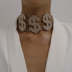 N-7349 Fashion Crystal Rhinestone Dollar Sign Choker Necklaces for Women Lady Statement Jewelry Party Accessories