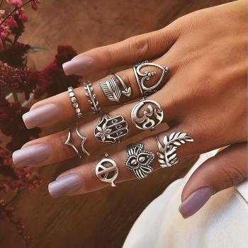 R-1523 4 Styles Boho Fashion crystal Finger Rings Set Hollow Out Leaves star Shape Rings couples Jewelry