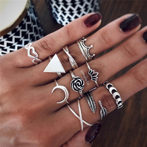 R-1524 2 Styles Boho Fashion Crown Geometry Triangle Love Moon Cross Ring Leaf Flower V-shaped Totem Ring Set