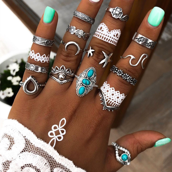 R-1526 3 Style Bohemian Vintage Women with Turquoise Joint Knuckle Nail Ring Set Finger Rings Punk Ring Gift
