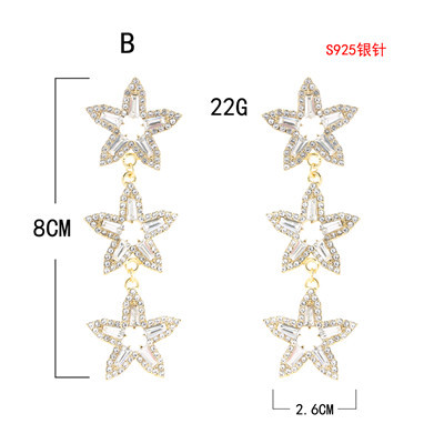 E-5705 2 Styles Of Small Floral Rhinestone Star Mid-Length Ladies Earrings 925 Silver Earring
