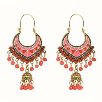 E-5712 Gold bell multicolor beads retro tassel earrings female ethnic style tassel hollow earrings gypsy jewelry.