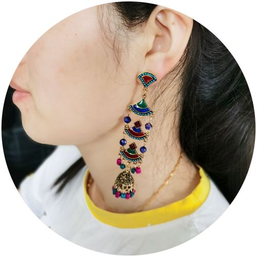 E-5719 Vintage beaded tassel earrings female ethnic style gold bells multicolor beaded tassel hollow earrings gypsy jewelry.