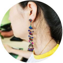 E-5719 Vintage beaded tassel earrings female ethnic style gold bells multicolor beaded tassel hollow earrings gypsy jewelry.