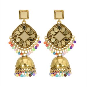 E-5725 Bohemian Style Gold and Silver Colorful Pearl Tassel Mirror Bell Earrings Women Accessories