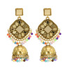 E-5725 Bohemian Style Gold and Silver Colorful Pearl Tassel Mirror Bell Earrings Women Accessories