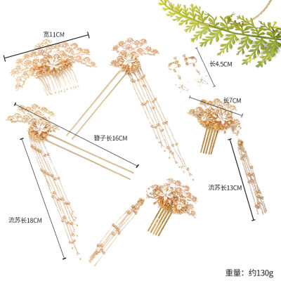 F-0756 Bride Chinese style Pink pearl tassel hairpin haircomb earrings set Xiuhe clothing headdress Hanfu accessories Jewelry