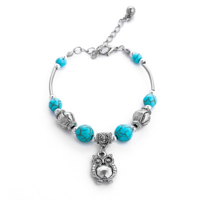 B-1023 Bright Silver Vintage Turquoise Pendant Adjustable Bracelet Women Gift Jewelry Accessories
