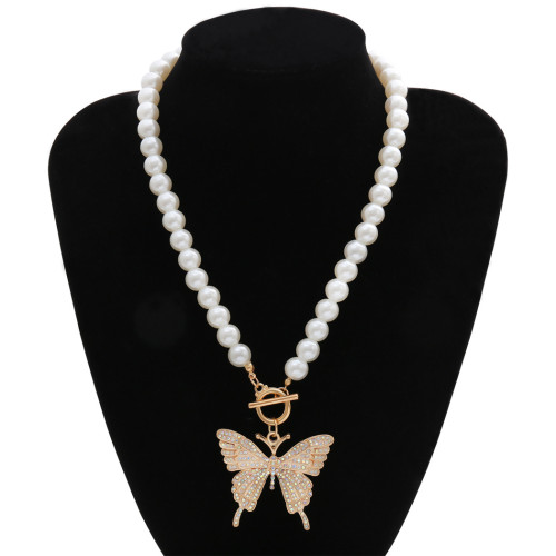 N-7353 Elegant Pearl Beads Chain Rhinestone Butterfly Pendant Necklaces for Women Bridal Summer Jewelry