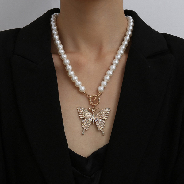 N-7353 Elegant Pearl Beads Chain Rhinestone Butterfly Pendant Necklaces for Women Bridal Summer Jewelry