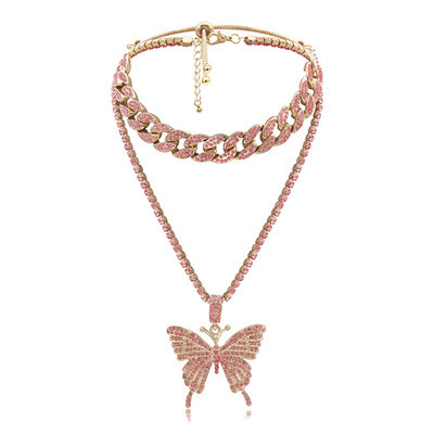 N-7356 Fashion Rhinestone Multi-Layer Butterfly Pendant Thick Necklace