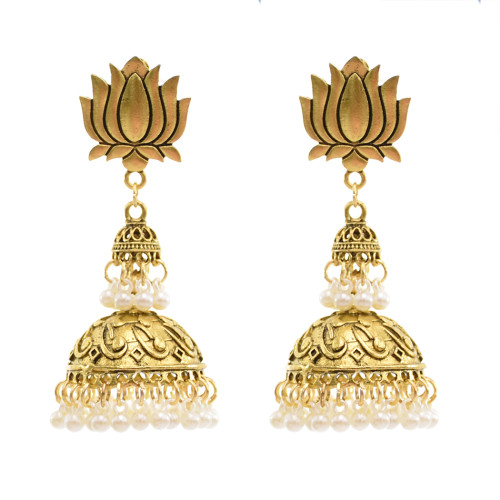 E-5738 Indian Golden Beads Bell Tassel Earrings