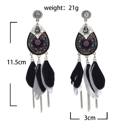 E-5759 Indian Pattern Long Feather Tassel Earrings