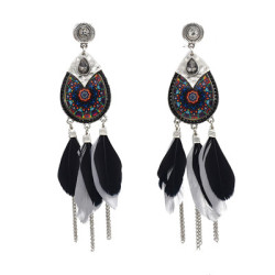 E-5759 Indian Pattern Long Feather Tassel Earrings