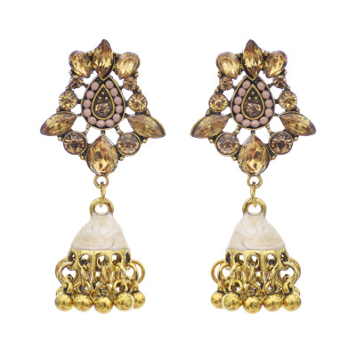 E-5762 Retro Style Gold with Crystal Beads Bell Tassel Jhumka Earrings for Women Wedding Gift