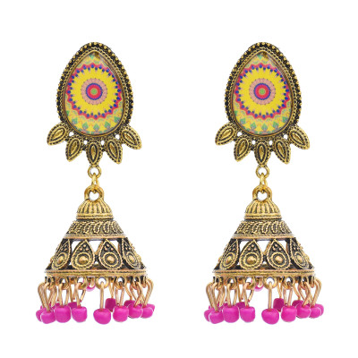 E-5765 Vintage Gold Metal Acrylic Beads Tassel Indian Jhumka Earrings for Women Festival Party Jewelry