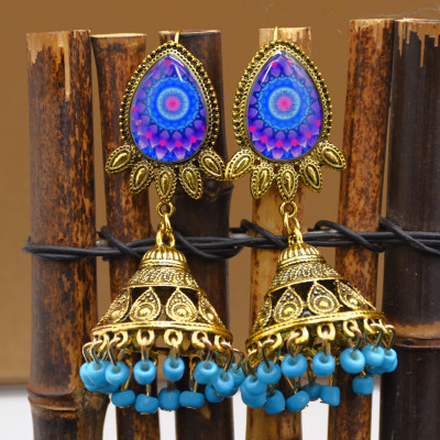 E-5765 Vintage Gold Metal Acrylic Beads Tassel Indian Jhumka Earrings for Women Festival Party Jewelry