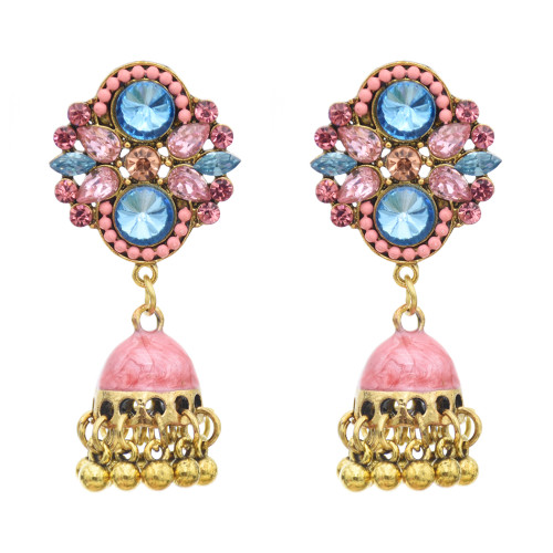 E-5774 6 Color Jhumki Gold with Crystal Enamel Beads Bell Tassel Jhumka Earrings for Women