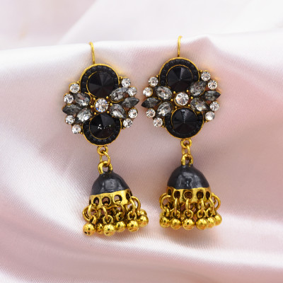E-5774 6 Color Jhumki Gold with Crystal Enamel Beads Bell Tassel Jhumka Earrings for Women