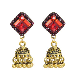 E-5775 Indian Vintage Gold Metal Crystal Bells Tassel Jhumka Earrings for Women Bohemian Party Jewelry