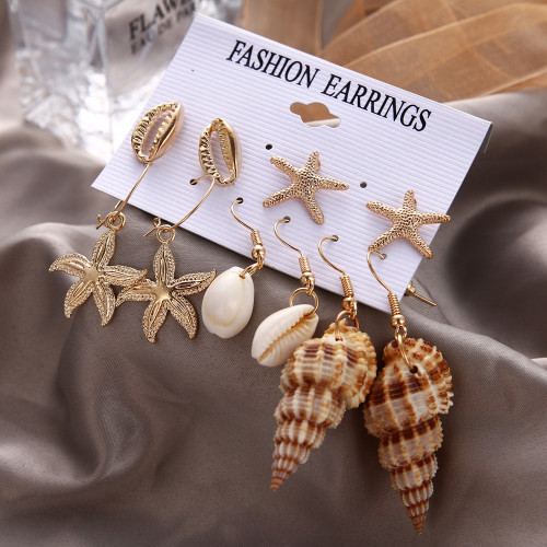 E-5790 Beach Earrings Set for Women Sea Shell Conch Hawaii Earring Summer Ear Stud and Dangle Hoop Earring Set