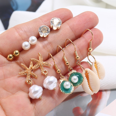 E-5790 Beach Earrings Set for Women Sea Shell Conch Hawaii Earring Summer Ear Stud and Dangle Hoop Earring Set